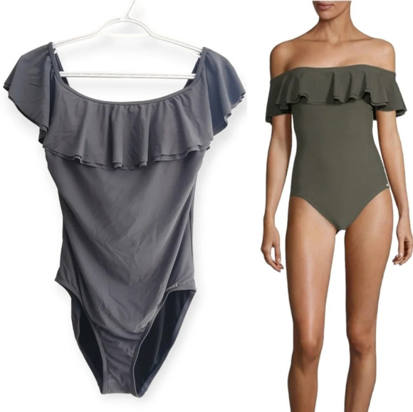 Michael Kors Off the Shoulder Ruffle One Piece Gray Bathing Swim Suit 8 - Picture 1 of 16